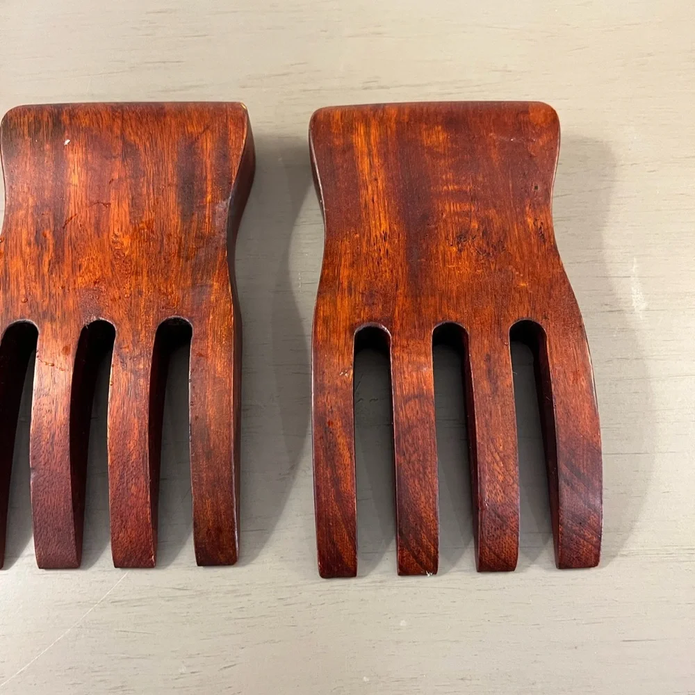 Solid Dark Wood Salad Hands Claws Kitchen Serving Utensil Smooth Edge Thumb Pad
